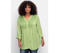 Crepebluse SHEEGO BY JOE BROWNS, Damen, Gr. 50, reseda, 100% Viskose, Spitze:100% Baumwolle, unifarben, V-Ausschnitt, Blusen (27801463-50) reseda