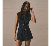 Crew Neck Button Down Langarm Tailliertes ärmelloses Jeanshemd nur für Frühling Sommer Süßer Urlaub Al Fresco Ferien Ibiza Konzert Festival Rave Weste