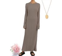 Crew Neck Sleeved Knit Midi Dress, Women Long Sleeve Elegant Bodycon Ribbed Dresses, Fall Slim Fit Sweater Long Dress (Gray Apricot,L)