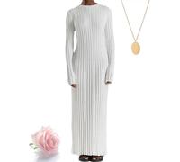 Crew Neck Sleeved Knit Midi Dress, Women Long Sleeve Elegant Bodycon Ribbed Dresses, Fall Slim Fit Sweater Long Dress (White,L)