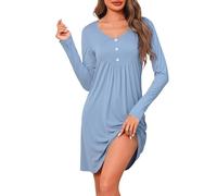 Crewhpo Damen Nachthemd Langarm Baumwolle Nachtwäsche Einfarbige mit V-Ausschnitt Nachthemden Langen Ärmeln Sleepshirt Frauen Schlafhemd Bequem Hellblau L