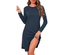 Crewhpo Damen Nachthemd Langarm Baumwolle Nachtwäsche Einfarbige Rundhals Nachthemden Langen Ärmeln Sleepshirt Frauen Schlafhemd für Herbst und Winter