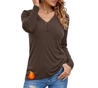 Crewhpo Langarmshirt Damen V Ausschnitt mit Spitze Thermoshirt Warm | Wärmendes Langarm Material, Elastischem Tragegefühl, V-Ausschnitt Und Spitzenkante, Feminine Optik für Kalte Tage