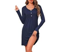 Crewhpo Nachthemden Damen Baumwolle Nachtwäsche Langarm mit V-Ausschnitt Nachthemd Einfarbiges Frauen Negligee Winter Langärmeliges Bequeme Sleepshirt Blau 3XL