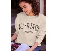 Sweatshirt STREET ONE STUDIO, Damen, Gr. 46, beige (creamed sand), Sweatware, 60% Baumwolle, 40% Polyester, normal, Rundhals, abgesteppt, Sweatshirts Sweatshirt, mit Wording (84714023-46) creamed sand