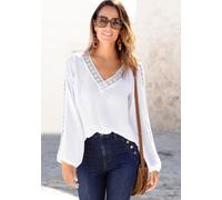 Crinklebluse VIVANCE, Damen, Gr. 42, weiß, Crêpe, Obermaterial: 100% Viskose, leicht transparent, unifarben, figurumspielend hüftlang, V-Ausschnitt, elastischer Bund, Blusen, mit Spitzeneinsätzen, som