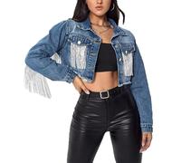 CRITOR Quasten-Jeansjacken für Damen, ausgefranste, verkürzte Jeansjacke. Kurze Jeansjacke mit Fransen für Damen