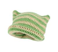 Crochet Hats for Women Cute Cat Ears Beanie Vintage Beanies Women Fox Hat Grunge Accessories Slouchy Knitted Beanies (Green+Beige)