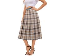 Cromoncent Langer Faltenrock für Mädchen und Damen, hohe Taille, mit Taschen, Braunes Plaid, Groß