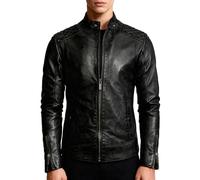 Crone Nero Herren Lederjacke Biker Jacke mit Stehkragen (L, Heavy Washed Black)