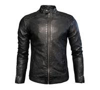 Crone Nero Herren Lederjacke Biker Jacke mit Stehkragen (M, Heavy Washed Black)