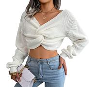 Crop Pullover Damen Strickpullover Damen Zopfmuster Cropped V Ausschnitt Pullover Damen Strick Pulli Knit Sweater Kurzer V Neck Pullover Frauen Strickpulli Gestrickter Pullover Damen Herbst Weiß M
