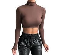Crop Top Damen Langarm Rollkragen Pullover Sexy Basic Cropped Tops Slim Fit Komfort T Shirt Langarmshirt Rollkragenpulli Lässig Sport Oberteile Tunika Top Bluse Tee Sweatshirt Sweater Einfarbig