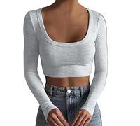 Crop Top Langarm Damen Y2k Top Damen Sexy Bauchfreie Tops Langarmshirt Eng Square Neck Oberteile Slim Fit Pullover Longsleeve T-Shirts 90er Streetwear Cropped Top Sport Shirts für Frauen