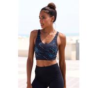 Crop-Top LASCANA ACTIVE, Damen, Gr. L (44/46), blau (schwarz, blau), Obermaterial: 82% Polyester, 18% Elasthan, bedruckt, gemustert, mehrfarbig, eng kurz, V-Ausschnitt, Tops, Abstrakte Musterung (8925