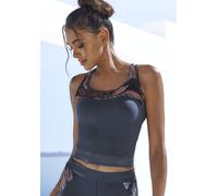 Crop-Top LASCANA ACTIVE, Damen, Gr. M (40/42), blau (dunkelblau), Jersey, Obermaterial: 95% Baumwolle, 5% Elasthan, bedruckt, unifarben mit Farbeinsätzen, eng taillenlang, Rundhals, Tops Crop-Top, Spo