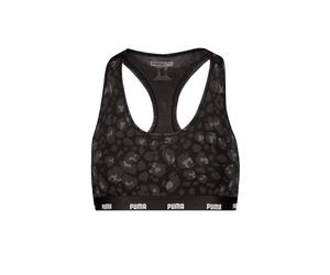 Crop-Top PUMA "WOMEN PRINTED RACER BACK TOP", Damen, Gr. XS, schwarz (schwarz combo), Single Jersey, Obermaterial: 95% Baumwolle, 5% Elasthan, körpernah kurz, Rundhals, Tops, Animal-Design, Logoschrif
