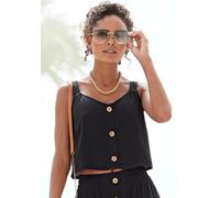 Crop-Top VIVANCE, Damen, Gr. 42, schwarz, Web, Obermaterial: 100% Viskose, unifarben, figurumspielend bauchfrei, Rundhals, Tops, mit Zierknöpfen, luftiges Sommertop (77621565-42) schwarz