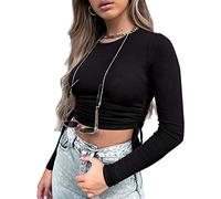 Crop Tops Damen Langarm- Enge Oberteile Damen Stricktop,Basic Langarmshirt Damen Rundhals Drawstring Ruched Slim Fit Cropped Pullover Sexy Tee Top Pulli Sweatshirt T-Shirts Frauen Teenager Mädchen