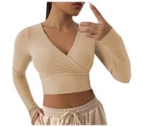 Crop Tops Damen Langarm - Enge Oberteile Damen Stricktop Basic Langarmshirt V Ausschnitt Wickel Slim Fit Cropped Pullover Sexy Tee Top Pulli Sweatshirt Kurze T-Shirts Frauen Herbst Winter