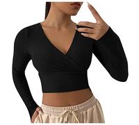 Crop Tops Damen Langarm - Enge Oberteile Damen Stricktop Basic Langarmshirt V Ausschnitt Wickel Slim Fit Cropped Pullover Sexy Tee Top Pulli Sweatshirt Kurze T-Shirts Frauen Herbst Winter