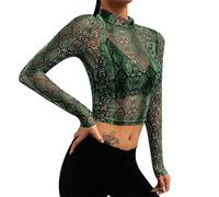 Crop Tops Damen Langarm - Sexy Netzoberteil Damen Transparent Netz Mesh Grüner Schlangenmuster,Bauchfreies Oberteil Damen Y2k Top Basic Langarmshirt Slim Fit Lässig Party Oberteile Bluse T-Shirts