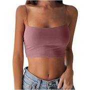 Crop Tops Damen Mit Integriertem BH - Trägertop Weiß Damen, Kurz Spaghetti Cropped Ärmellose Damentop Croptops Bustier Camisole Bralette Y2K Oberteil Blusetops Basic Cami Tank Top Stretch Unterhemd