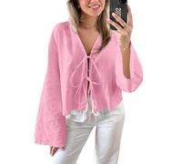 Crop-Tops für Damen mit Fliege vorne - lässige Bluse mit V-Ausschnitt und ausgestellten Ärmeln und Schnürung, stilvoll, fließend, lockere Passform, Oberteil für Sommer, Strand, Urlaub, Ausgehen, rose,