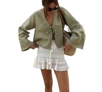 Crop-Tops für Damen mit Fliege vorne - lässige Bluse mit V-Ausschnitt und ausgestellten Ärmeln und Schnürung, stilvoll, fließend, lockere Passform, Oberteil für Sommer, Strand, Urlaub, Ausgehen, grün,