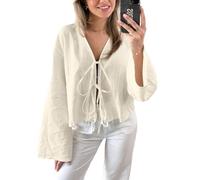 Crop-Tops für Damen mit Fliege vorne - lässige Bluse mit V-Ausschnitt und ausgestellten Ärmeln und Schnürung, stilvoll, fließend, lockere Passform, Oberteil für Sommer, Strand, Urlaub, Ausgehen,