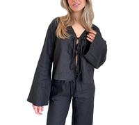 Crop-Tops für Damen mit Fliege vorne - lässige Bluse mit V-Ausschnitt und ausgestellten Ärmeln und Schnürung, stilvoll, fließend, lockere Passform, Oberteil für Sommer, Strand, Urlaub, Ausgehen,