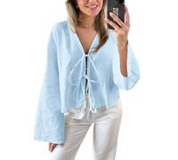 Crop-Tops für Damen mit Fliege vorne - lässige Bluse mit V-Ausschnitt und ausgestellten Ärmeln und Schnürung, stilvoll, fließend, lockere Passform, Oberteil für Sommer, Strand, Urlaub, Ausgehen, blau,