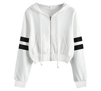 Cropped Sweatjacke Damen Weiß: Sweatshirt Jacke Damen Mit Kapuze Crop-Jacke Zip-Full Hoodie-Jacke Langarm Kapuzenjacke Kurze Kapuzenpullover Cropped Pullover Langarmshirt Bauchfrei Pulli Streetwear