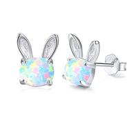 CRWENG Hasen Ohrringe Ohrstecker Silber 925 Bunny Earrings Rabbit Ohrringe Opal Hase Ohrstecker Tiere für Mutter Tochter Mädchen Damen Kinder Valentinstags Geschenke (0029 - Weißer Opal + Silber)