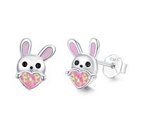 CRWENG Hasen Ohrringe Ohrstecker Silber 925 Bunny Earrings Rabbit Ohrringe Opal Hase Ohrstecker Tiere für Mutter Tochter Mädchen Damen Kinder Valentinstags Geschenke (0258 - Rosa Opal + Silber)