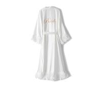 Crystal Dew Damen-Kimono, lang, mit Spitzenbesatz, Stickerei, Braut-Bademantel, Satin, für Hochzeit, Party, Nachtwäsche, Weiß, EinheitsgröÃŸe