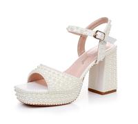 Crystal Queen 9,5 cm quadratische Zehenpartie Paform Knöchelriemen High Heels Sandalen Peep Toe Elfenbein Perlen Braut Hochzeit Sandalen Abendschuhe, Elfenbein, Weiß, 36 EU