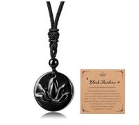 CrystalTears Obsidian Kette Runder Anhänger mit Lotus Gravur Heilstein Halskette Glücksbringer Edelstein Schmuck Damen Herren