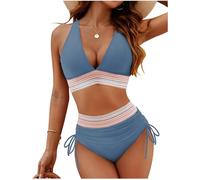CSYX Bikini Damen Set Push Up High Waist Bikinis Bauchweg Curvy Badeanzug Bustier Sexy V Ausschnitt Zweiteiliger Bademode Frauen Farbblock Kordelzug Badeanzüge Swimsuit