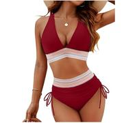 CSYX Bikini Damen Set Push Up High Waist Bikinis Bauchweg Curvy Badeanzug Bustier Sexy V Ausschnitt Zweiteiliger Bademode Frauen Farbblock Kordelzug Badeanzüge Swimsuit