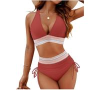 CSYX Bikini Damen Set Push Up High Waist Bikinis Bauchweg Curvy Badeanzug Bustier Sexy V Ausschnitt Zweiteiliger Bademode Frauen Farbblock Kordelzug Badeanzüge Swimsuit