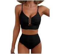 CSYX Bikini Damen Set Push Up High Waist Bikinis Bauchweg Curvy Badeanzug Strukturierte Oberteil Bustier Sexy V Ausschnitt Zweiteiliger Bademode Frauen U-Wire Badeanzüge Swimsuit