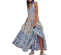 CTLTSRX Buntes Boho-Kleid mit Spaghettiträgern für Damen, ärmelloses langes Maxikleid mit Blumenmuster, lässiges, fließendes Strand-Sommerkleid (Blue,M)
