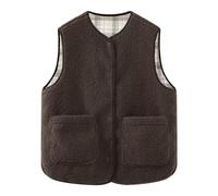 CUFEZN Damen Fuzzy Sherpa Fleece Weste Casual Knopf Cardigan Weste Reversible Cozy Plaid Oberbekleidung Warm Gepolsterte Weste, Khaki, Large