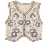 CUFEZN Damen-Pullover mit Blumendruck, ärmellos, V-Ausschnitt, Vintage-Stil, Knopfleiste vorne, gehäkelt, bauchfreies Strick-Tanktop, Khaki, Large