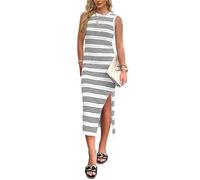CUIYANG Womens Bodycon Summer Casual Midi Sundress Sleeveless Cute Hollow Out Knit Side Slit Striped Long Tank Dress(White,M)