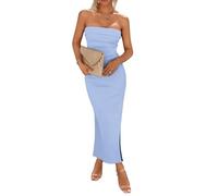 CUIYANG Womens Summer Bodycon Maxi Tube Dress Ribbed Strapless Side Slit Long Going Out Casual Elegant Party Dresses(Light Blue,M)