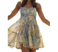 CUIYANG Womens Summer Floral Mini Dress Boho Flowy Skater Dresses Short Sleeveless Ruffle Spaghetti Strap Dress(Color 8,XL)