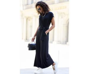 Culotte-Overall LASCANA, Damen, Gr. 34, N-Gr, schwarz, Jersey, Obermaterial: 95% Viskose, 5% Elasthan, unifarben, figurumspielend 7/8-Länge, Rundhals, Overalls Culotte-Overall, mit Knotendetail in der