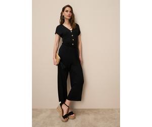 Culotte-Overall TAMARIS, Damen, Gr. 40, N-Gr, schwarz, Jersey, Obermaterial: 95% Viskose, 5% Elasthan, figurumspielend ca. Mitte Wade, V-Ausschnitt, Overalls, mit Knopfleiste (45814317-40) schwarz